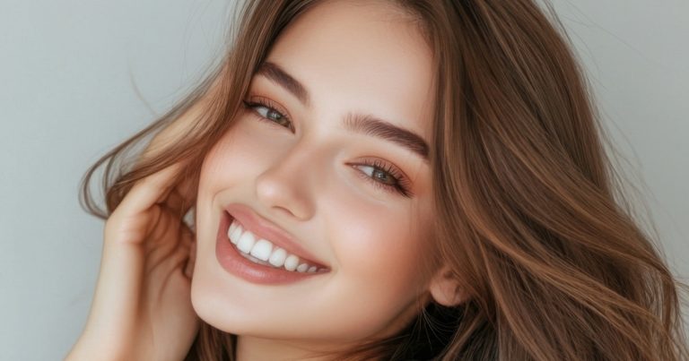 Close-up portrait of a smiling young woman with soft makeup and wavy brown hair, gently touching her face against a light neutral background.