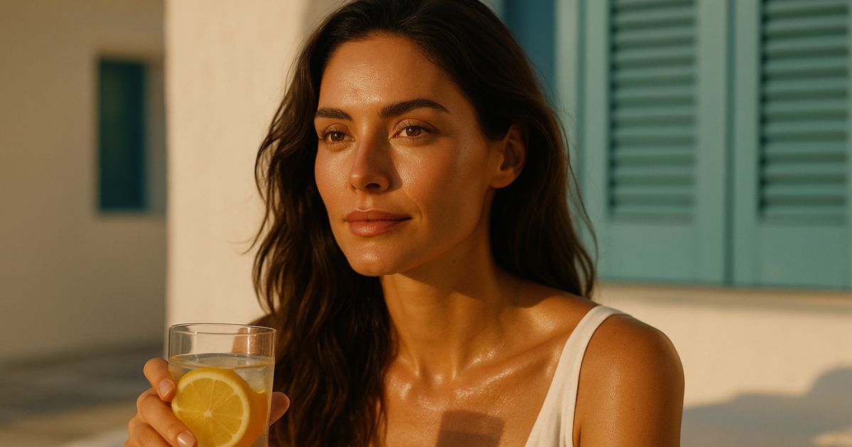 Woman holding a glass of lemon water in warm sunlight, looking refreshed and relaxed.